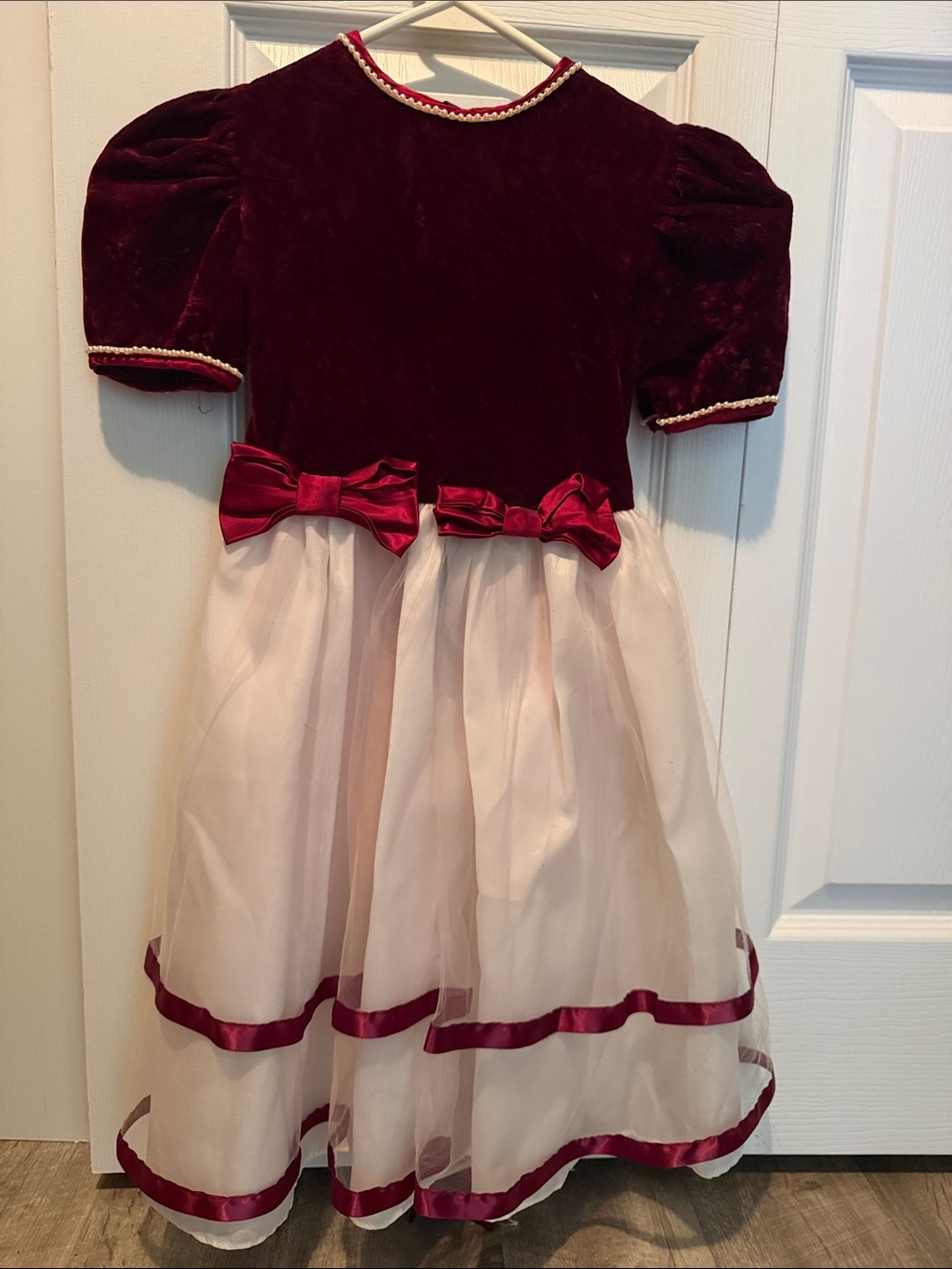 Girls Burgundy Velvet and Ivory Tulle Holiday Dress with Bows